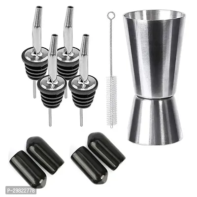 Metal Bottle Pourers for Syrup Wine Olive Oil, Pouring Spouts for Liquor for Bar - Pack of 4 (with Black PVC Caps) + 1 PC Peg Measure + 1 Cleaning Brush