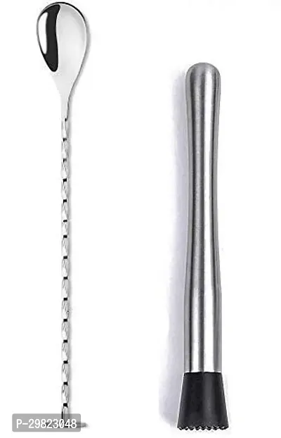 Exports Cocktail Muddler 8 inch and Mixing Spoon Set Bar Cocktail Muddler Set Long Spiral Handle to Create Refreshing Drinks Cocktail Spoon Coin Spoon 2 Pcs