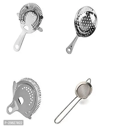 Rudra Exports Stainless Steel Bar Cocktail Strainer Set - Include Wire Spring Hawthorn Strainer, Julep Strainer Sifter, Fine Wire Mesh Strainer, No Prong Strainer (4 Pcs Set)