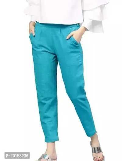 Elegant Turquoise Acrylic Solid Trousers For Women