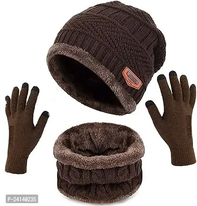 Stylish Winter Woolen Beanie Cap Scarf and Touchscreen Glove Set for Men and Women Stretch Warm Winter Cap-thumb0
