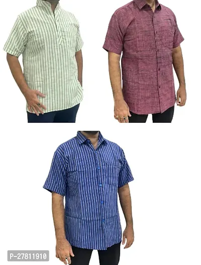 Reliable Khadi Cotton Striped Casual Shirts For Men Pack Of 3-thumb0