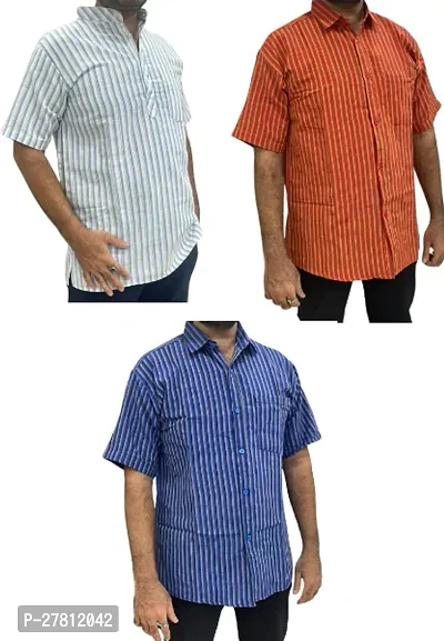 Reliable Khadi Cotton Striped Casual Shirts For Men Pack Of 3-thumb0