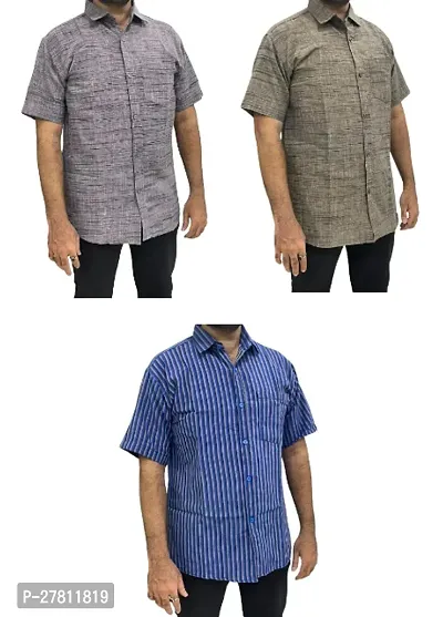 Reliable Khadi Cotton Striped Casual Shirts For Men Pack Of 3-thumb0