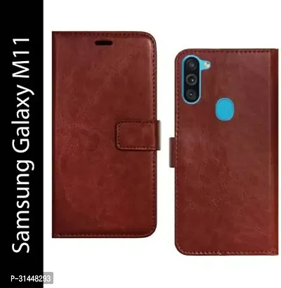 Gladly Flip Cover Compatible for Samsung Galaxy M11 Mobile Flip Cover With TPU Silicon Cover Brown