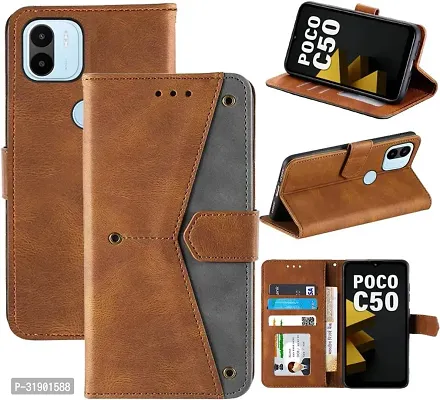 Gladly Flip Cover Compatible for POCO C50|MZB0D3DIN|MZB0D3CIN|MZB0CT7IN|MZB0CX4IN|MZB0D3BIN|MZB0D3AIN Back Cover Soft Silicon Tpu Flip Cover Executive Brown, Magnetic Closure-thumb4