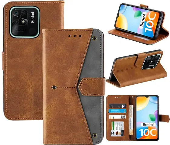 Flip Cover Compatible for Mi Redmi 10C Flip Cover Redmi 10C Back cover Redmi 10 Flip Cover Redmi 10C mobile back cover Xiaomi Redmi 10C Flip Cover Executive Brown, Magnetic Closure