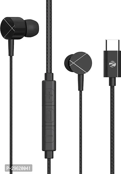 Ear Type C Wired Earphones with Mic, Braided 1.2 Metre Cable, Metallic Design, 10mm Drivers, in Line Mic and Volume Controller (Black)-thumb0