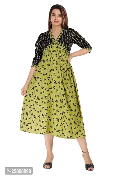 Shree Shyam Export Women's Rayon Print Middy Gown Green