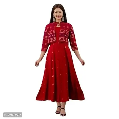 Shree Shyam Export Women's Foil Print Red Anarkali Gown with Jacket-thumb0