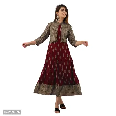 Women's Gold Printed Rayon Anarkali Kurta with Jacket || Rayon Printed Kurta for Women and Girl's (Color_Red, Size XL)