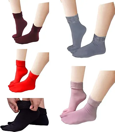 Winter Thermal Thumb heavy duty Warm Velvet Ankle length socks with fur inside for Women girls- (Pack of 5)