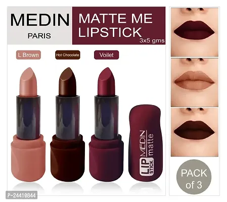 Medin Paris super matte lipstick cosmetics makeup combo set of 3 color (L brown voilet hot chocolate)-thumb2