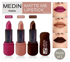 Medin Paris super matte lipstick cosmetics makeup combo set of 3 color (hot chocolate l brown purple)-thumb1