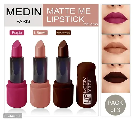 Medin Paris super matte lipstick cosmetics makeup combo set of 3 color (hot chocolate l brown purple)-thumb2