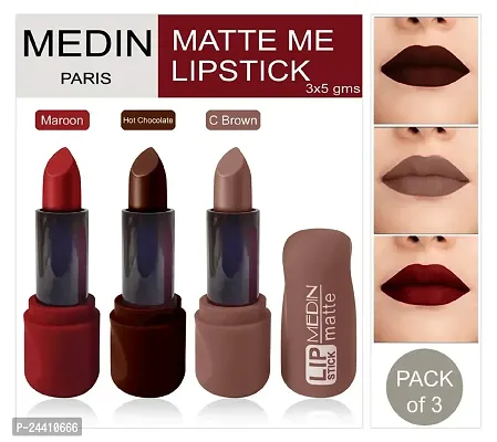 Medin Paris super matte lipstick cosmetics makeup combo set of 3 color (coffice brown hot chocolate maroon)-thumb2