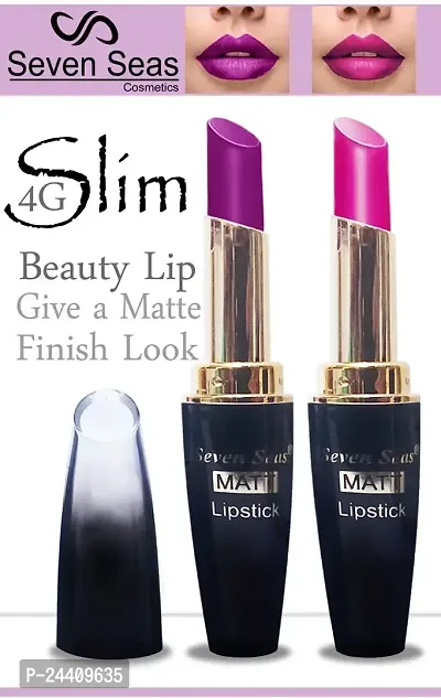 Seven Seas Cosmetics Makeup 4g Matte Lipstick Non Transfer Kiss proff Combo Set of 2 Color (violet l pink)-thumb2