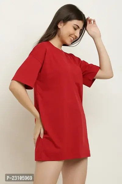 Elegant Red Cotton Half Sleeves Solid Boat Neck Round Neck Short Sleeves Oversized T-Shirt For Women-thumb0