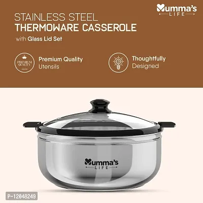 Mumma's LIFE- Stainless Steel Thermoware Casserole with Glass Lid| Hot Pot Roti Box for Kitchen Keeps Warm Upto 2 Hours| hot case with Lid for Kitchen (1500ml)-thumb2