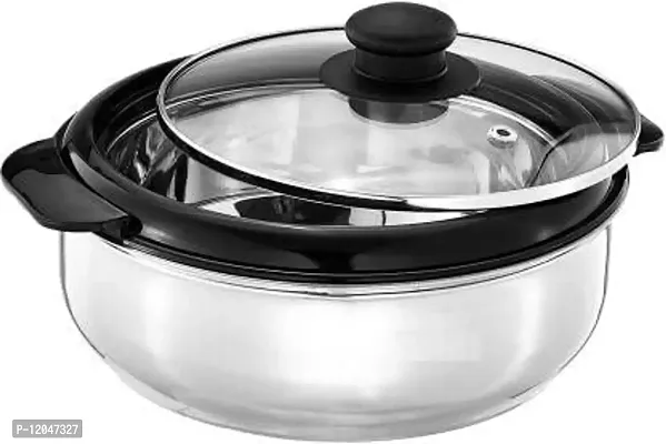 Stainless Steel Thermoware Casserole with Glass Lid| Hot Pot Roti Box for Kitchen Keeps Warm Upto 2 Hours| hot case with Lid for Kitchen (1500ML)
