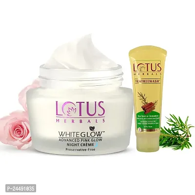 Lotus Herbals TEATREEWASH Tea Tree  Cinnamon Anti-Acne Oil Control Face Wash 120ml with WhiteGlow Advanced Pink Glow Brightening Night Cream 50gm