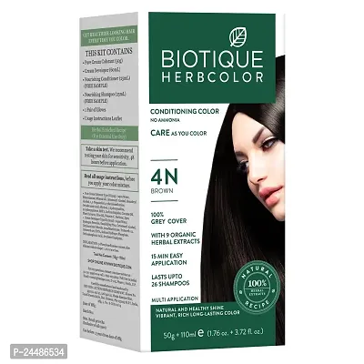 Biotique Herbcolor Conditioning Hair Colour l Ammonia Free Hair Color l 9 Organic Herbal Extracts l Natural and Healthy Shine l 50g + 110ml| Brown 4N (Pack of 1)