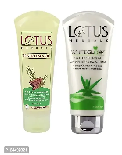 Lotus Herbals Teatreewash Face Wash with Tea Tree Oil  Cinnamon Anti Acne Oil Control, 120g And Whiteglow 3-In-1 Deep Cleansing Skin Whitening Facial Foam 50g-thumb0