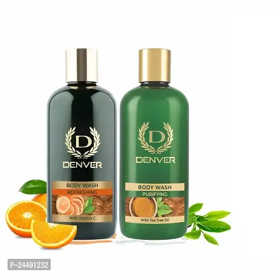 DENVER Vitamin - C Refreshing Body Wash + Purifying Body Wash- 325ML Each (Pack of 2) | Gel Based Shower Gel for Men | Paraben Free Body Wash | Suitable for All Skin-thumb0