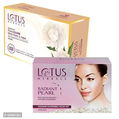 Lotus Herbals Radiant Partyglow White Peony, Argan Skin Brightening  Detaning Facial Kit 1 KIT and Radiant Pearl Facial Kit for Lightening  Brightening skin with Pearl dust  Green Tea 37g 1 Kit-thumb0