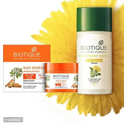 Biotique Set Of Sandalwood 50+ SPF UVA/UVB Sunscreen  Dandelion Lightening Serum