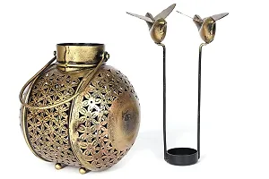 Crafts Metal Decorative Round Shaped Tea Light Holder with Bird Stand Showpiece-thumb1