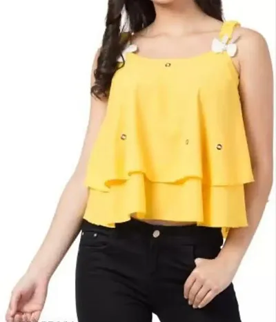 Sleeveless Self Design Women's Top (X-Small, Yellow)