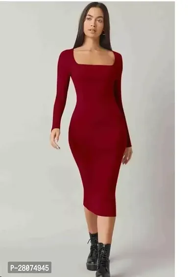 Stylish Maroon Lycra Solid A Line Dress For Women-thumb0