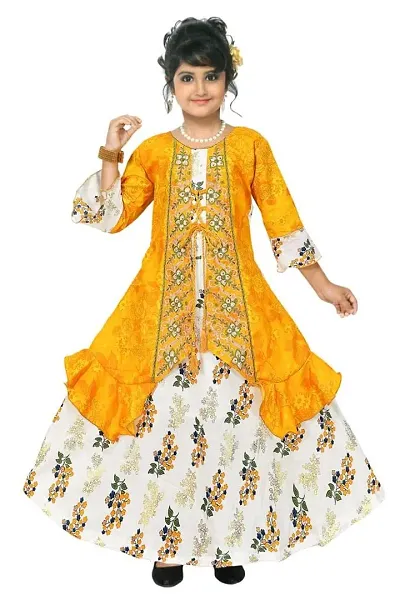 4 You Beautiful Rayon Flower Print Fabric with Embroidery Gown Dress for Girls