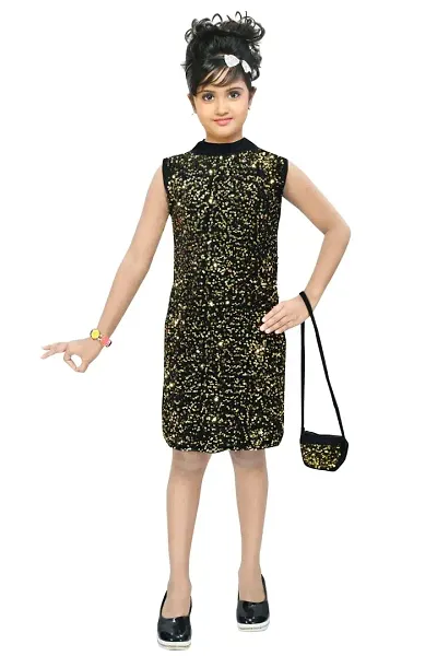 4 YOU DRESSES Beautiful Sparkle Velvet Frock with Bag for Girl