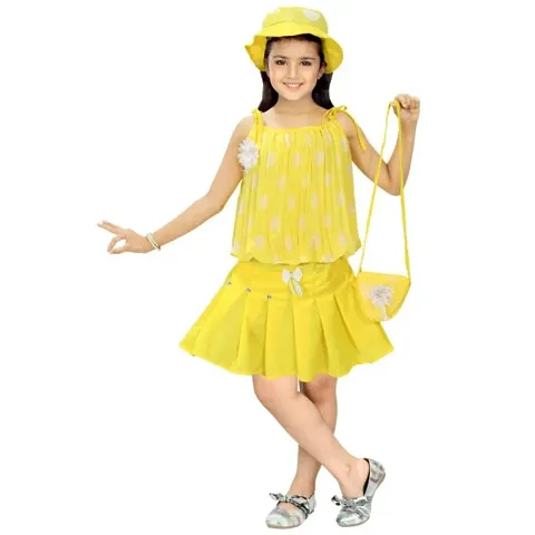 Beautiful Bobby Print Georgette Top With Skirt Dress Set With Bag and Hat For Girls
