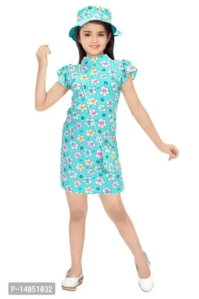 Turquoise Cotton Blend Dress for Girls-thumb0