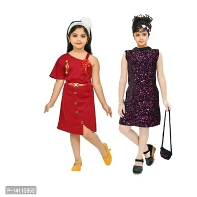4 YOU DRESSES Beautiful Velvet and Creta Fabric Combo Dress with Bag for Girls