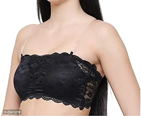 AARAA Women's Lace Strapless Padded Bandeau Bra Best Size 28 to 32 (Black, Blue, Skin, White, Red, Maroon Colour) (Black, 32)