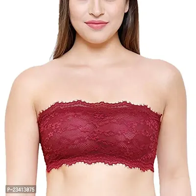 AARAA Women's Lace Strapless Padded Bandeau Bra Best Size 28 to 32 (Black, Blue, Skin, White, Red, Maroon Colour) (Maroon, 32)