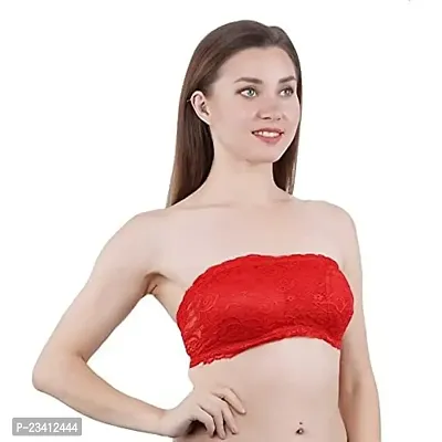 AARAA Women's Lace Strapless Padded Bandeau Bra Best Size 28 to 32 (Black, Blue, Skin, White, Red, Maroon Colour) (Red, 30)