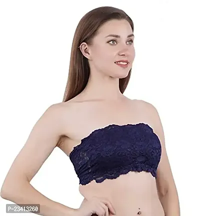 AARAA Women's Lace Strapless Padded Bandeau Bra Best Size 28 to 32 (Black, Blue, Skin, White, Red, Maroon Colour) (Blue, 28)