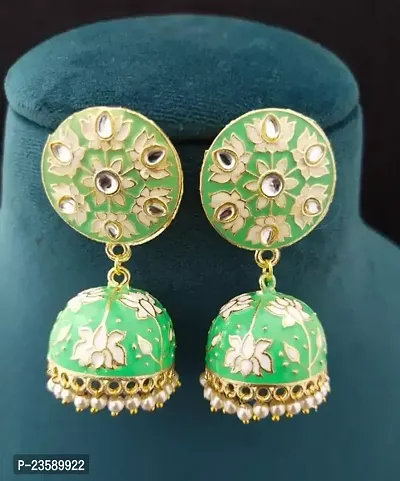 Traditional Gold plated Light Green Colour Meenakari Enamel Kundan Floral Earrings Alloy Jhumki Earring