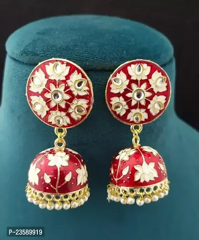 Traditional Gold plated Red Colour Meenakari Enamel Kundan Floral Earrings Alloy Jhumki Earring