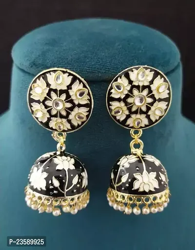 Traditional Gold plated Black Colour Meenakari Enamel Kundan Floral Earrings Alloy Jhumki Earring