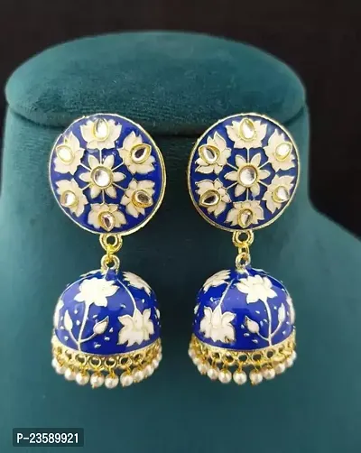 Traditional Gold plated Blue Colour Meenakari Enamel Kundan Floral Earrings Alloy Jhumki Earring