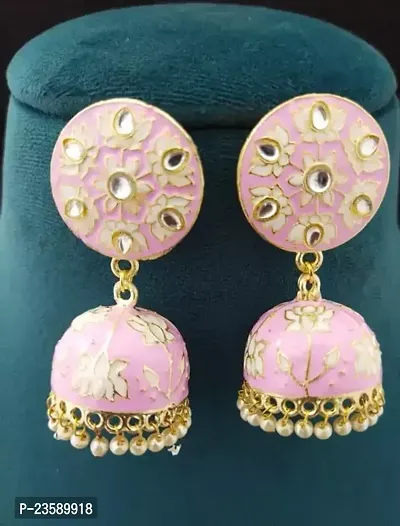 Traditional Gold plated Light Pink Colour Meenakari Enamel Kundan Floral Earrings Alloy Jhumki Earring