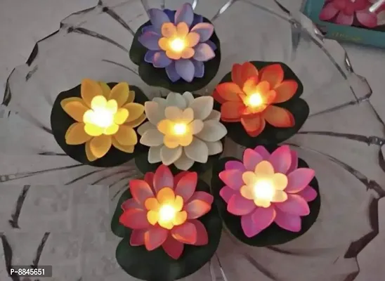Multi Color Floating Lotus Flower Shape Floating LED Candles Diya for Decoration Batteries Included Water Sensor Decorative Lights Pack of 6-thumb0