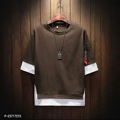 Try This Men's Cotton Blend Regular fit Round Neck Half Sleeves Tshirt (Brown)-thumb2