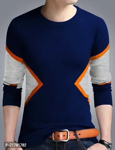 Stylish Navy Blue Cotton Round Neck Tees For Men